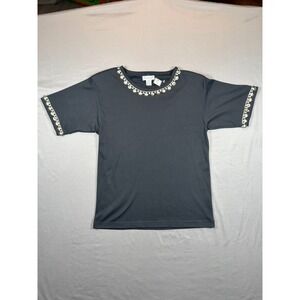 Eminent Womens Black Short Sleeve Shell Trim Top Gold‎ Seashell Charms NWT Small